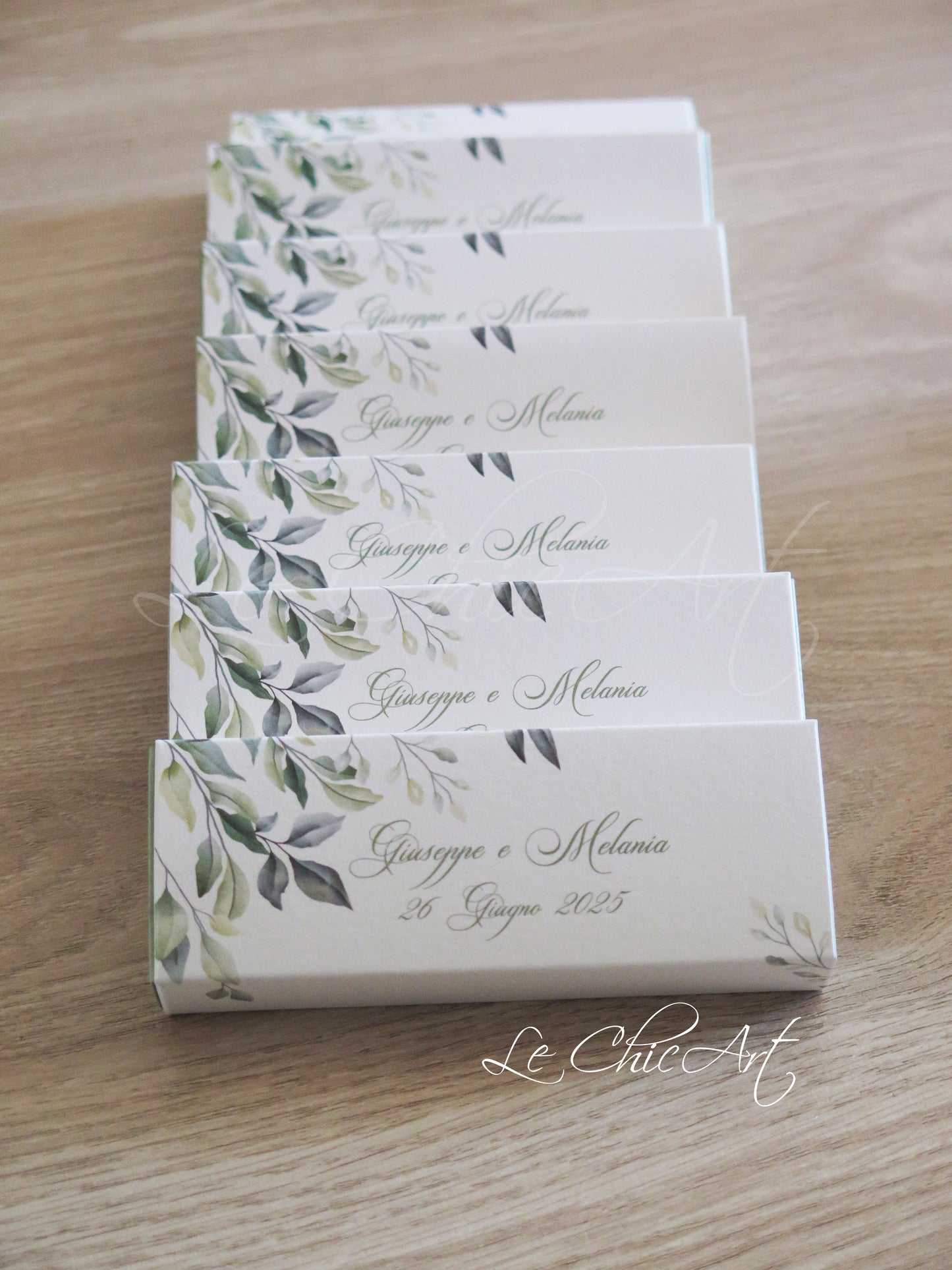 Set of 20 personalized wedding favor boxes in sage green and English