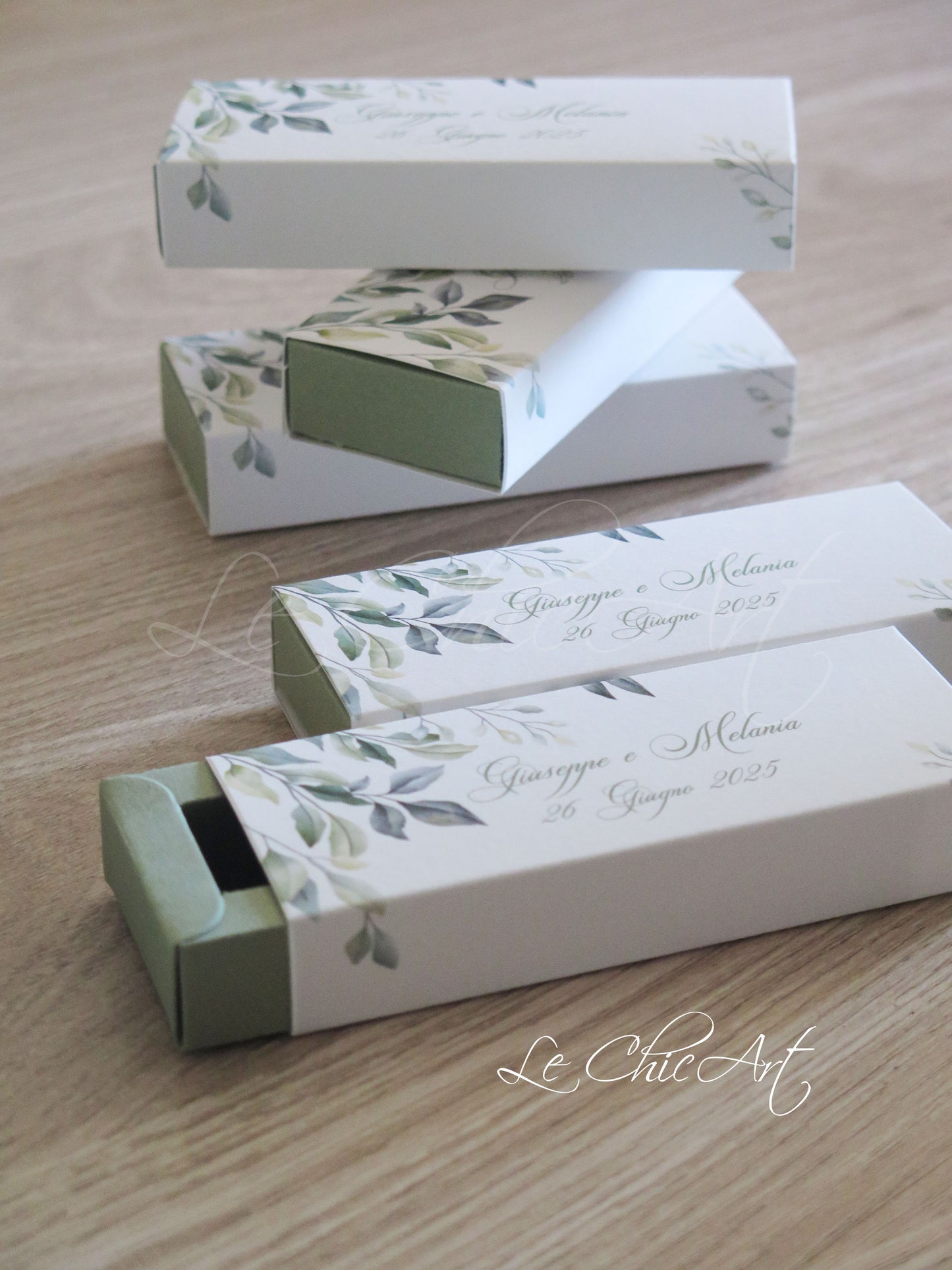 Set of 20 personalized wedding favor boxes in sage green and English