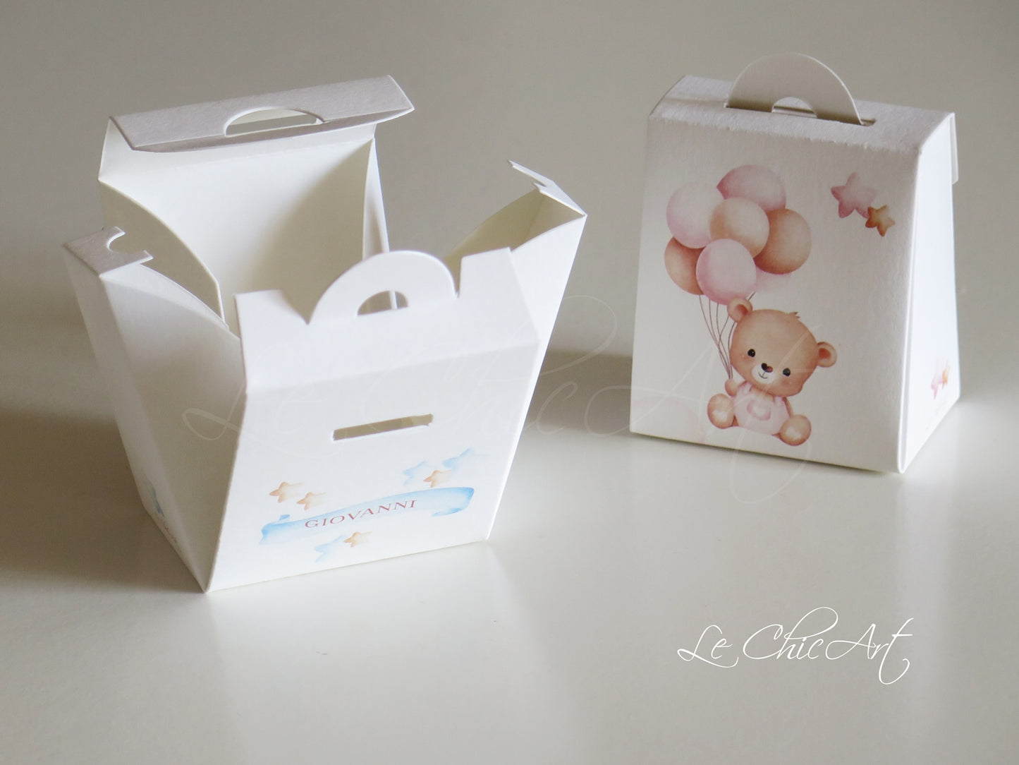 Set 20 Scatole porta confetti nascita mini shopper orsetto e palloncini rosa, azzurro