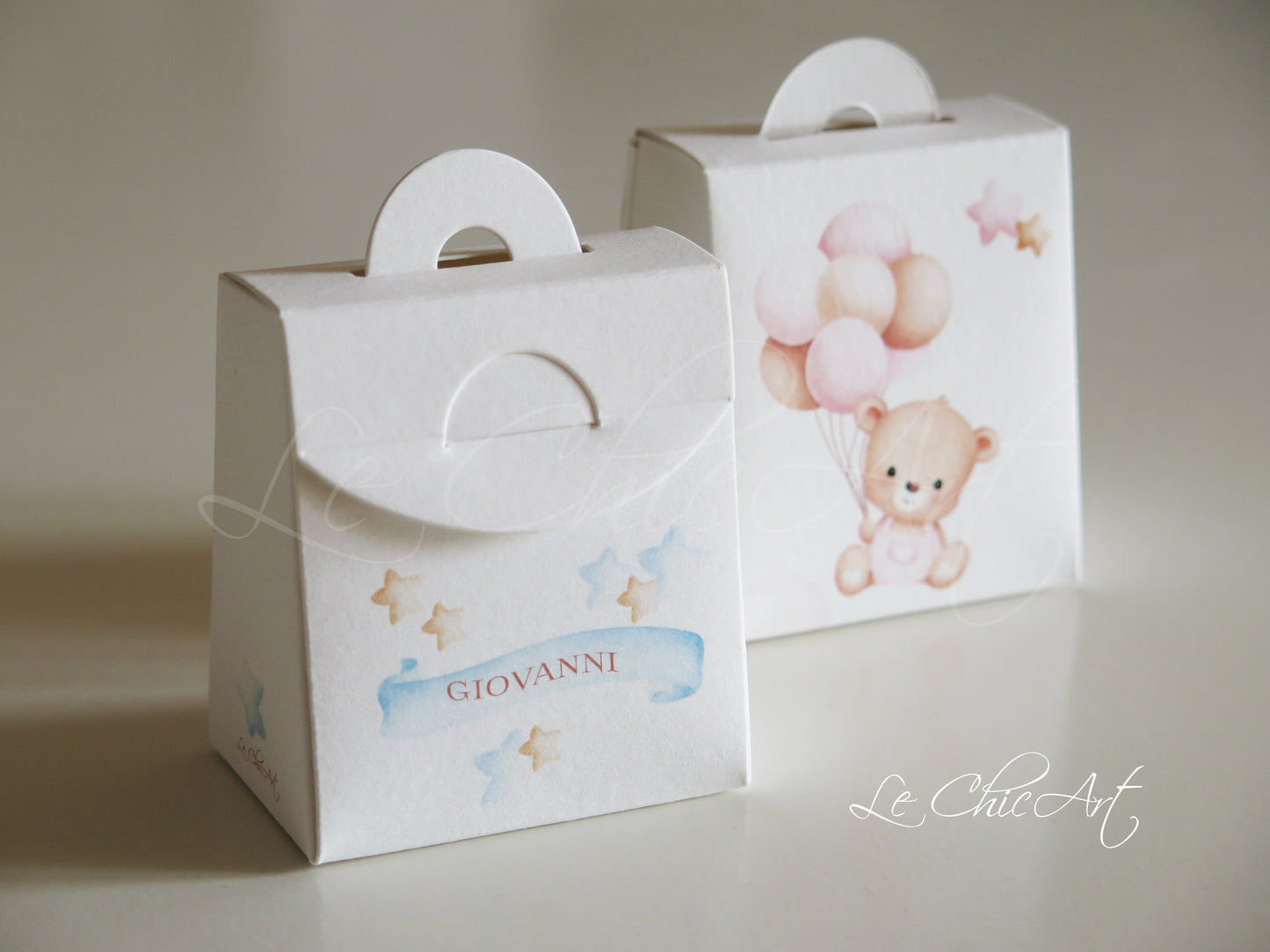 Set 20 Scatole porta confetti nascita mini shopper orsetto e palloncini rosa, azzurro