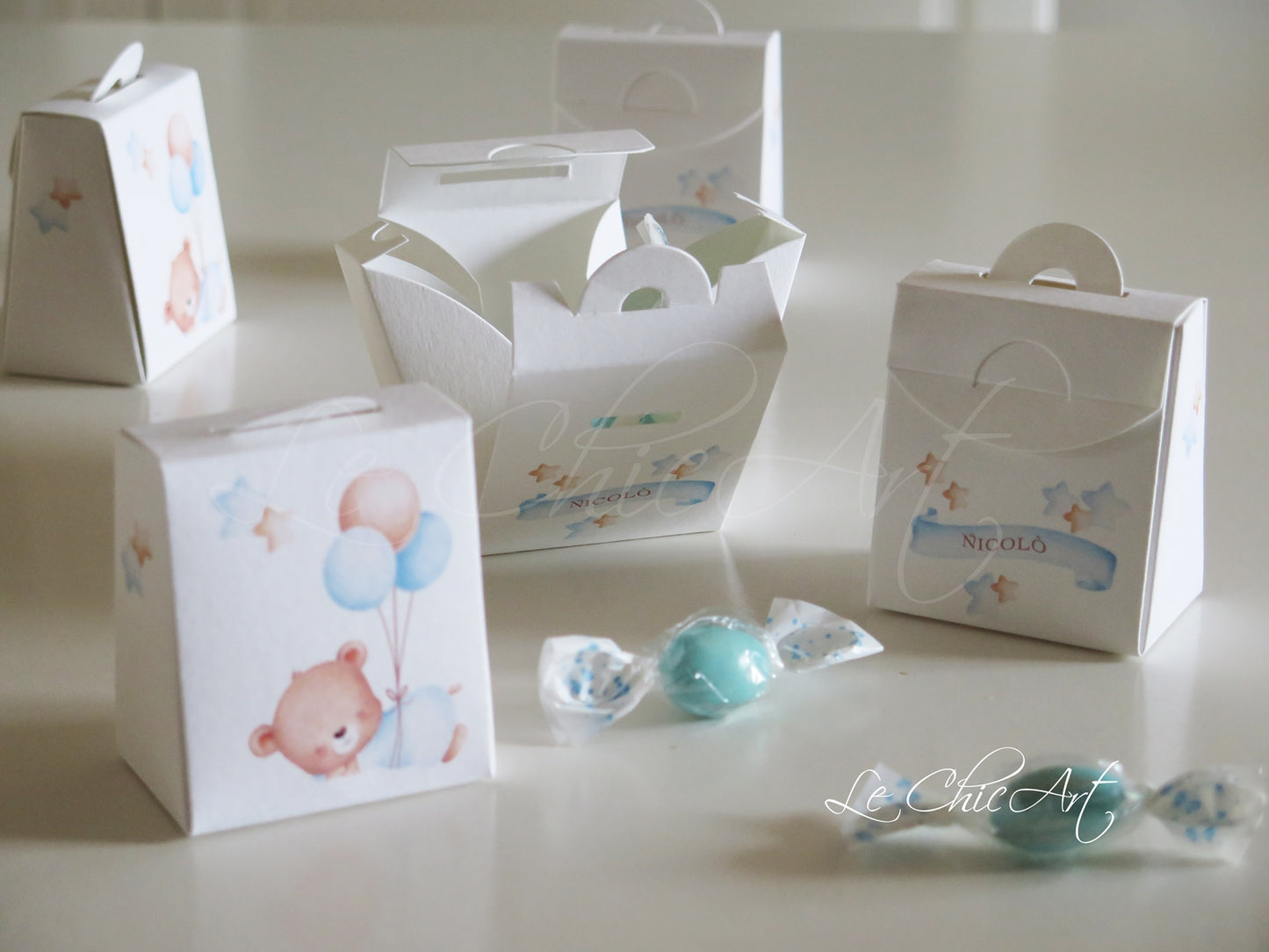 Set 20 Scatole porta confetti nascita mini shopper orsetto e palloncini rosa, azzurro
