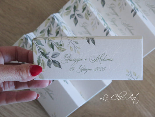 Set of 20 personalized wedding favor boxes in sage green and English
