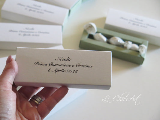 Mini scatola sfilo comunione cresima verde salvia , bomboniera elegante stile naturale con logo Le ChicArt