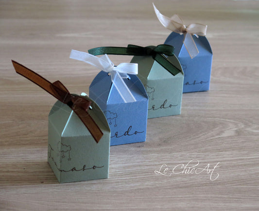Set 20 Porta Confetti Lanterna Nascita Personalizzati - Colori Carta da Zucchero e Verde Salvia con Orsetto e Cavalluccio a Dondolo - Bomboniere Luxury Ninna Nanna inverno natale
