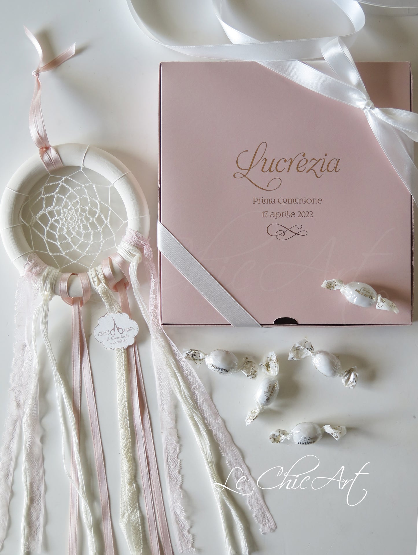 Set 10 Bomboniere Acchiappasogni Ceramica Handmade - rosa cipria e oro