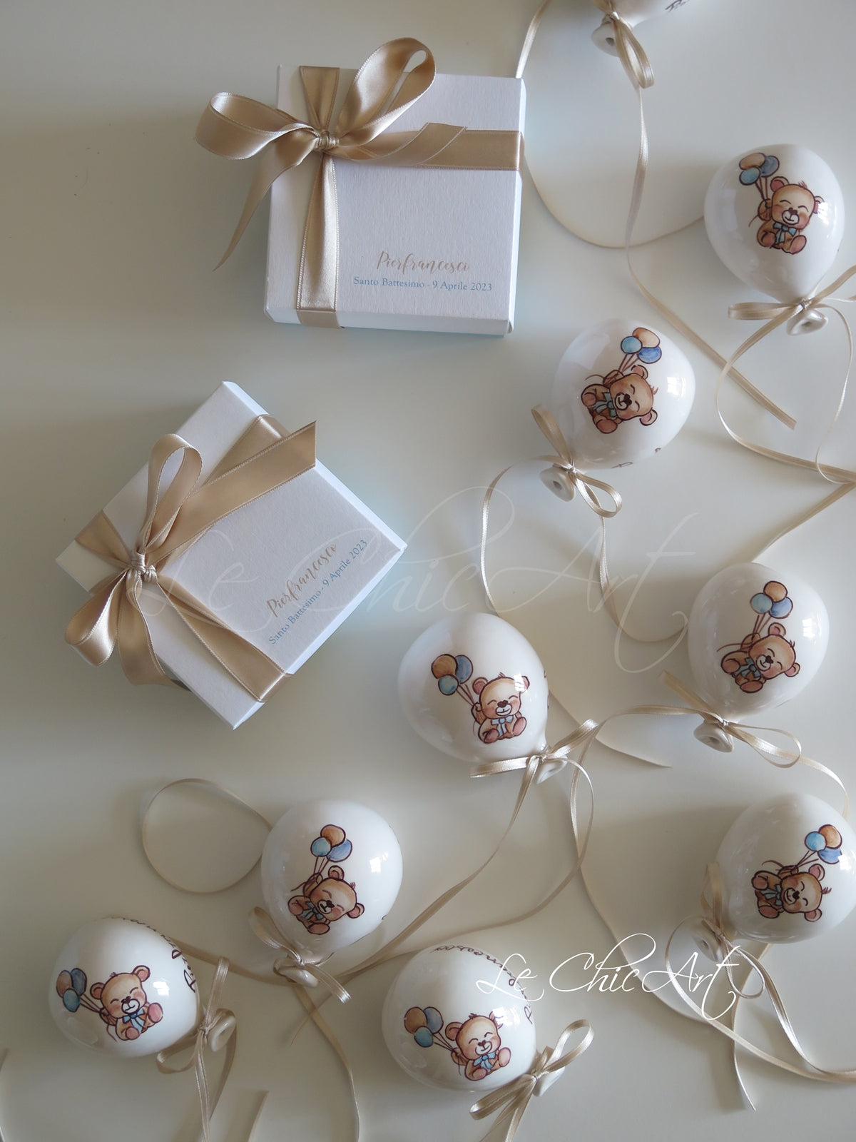 Set completo bomboniera battesimo orsetto palloncini con scatola elegante, confetti confezionati singolarmente, bomboniera artigianale personalizzabile con tempo produzione 3-6 settimane