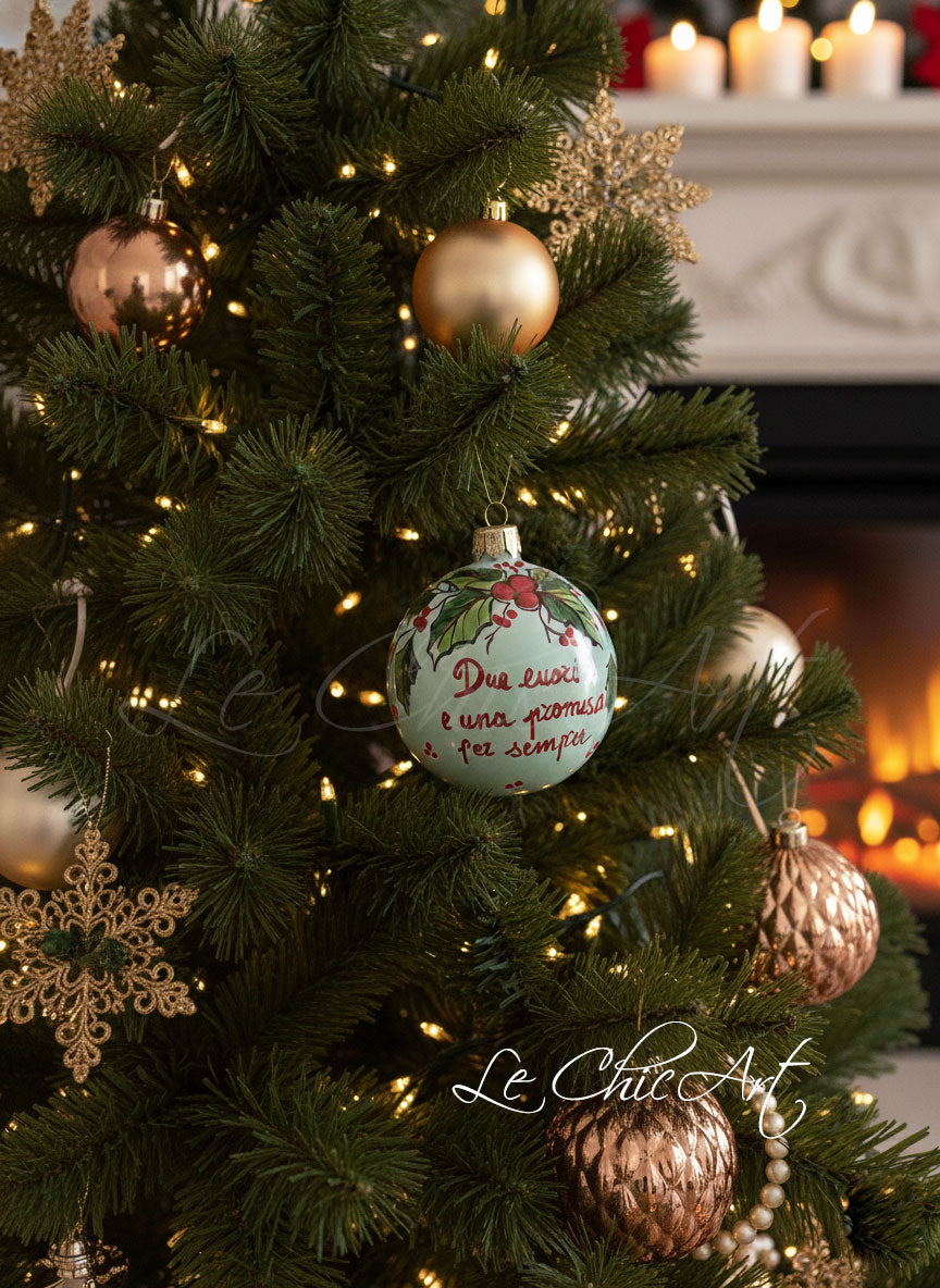 Scatola verde bosco sofisticata bomboniera matrimonio nomi data oro lucido nastro velo luminoso rosso palla ceramica agrifoglio premium