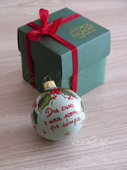 Palla ceramica fondo salvia agrifoglio bomboniera matrimonio frase rossa due cuori promessa per sempre scatola verde bosco oro nastro velo rosso