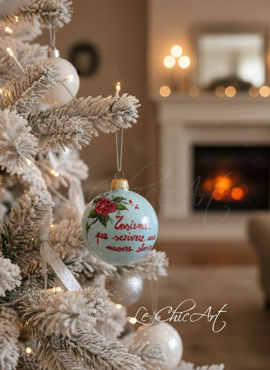 Palla ceramica rosa rossa bomboniera matrimonio frase insieme per scrivere nuova storia scatola rossa oro nastro velo verde bosco brillantinato