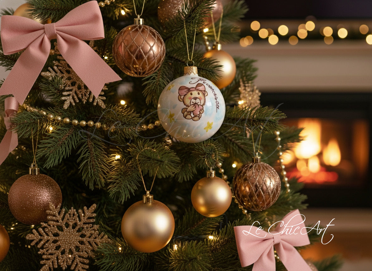 Set 10 Bomboniere Palla Albero Natale 8 cm Orsetto Rosa-Azzurro - Bimba - Bimbo dipinta a mano