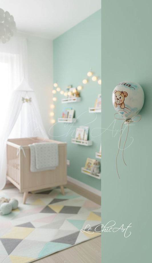 Set bomboniere battesimo palloncini ceramica orsetto arcobaleno esposti in cameretta - Effetto decorativo con nomi dipinti a mano su parete