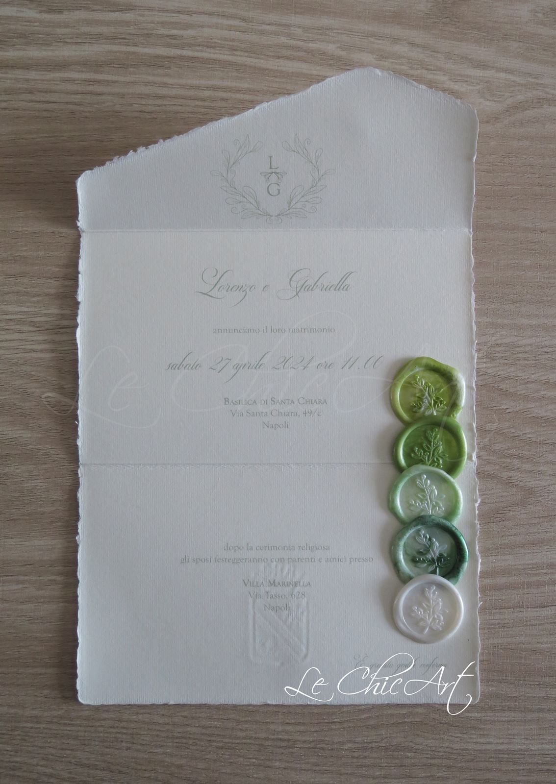 Partecipazione carta Amalfi verde con sigillo ceralacca tradizionale