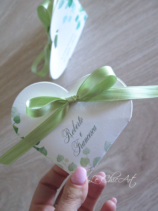 Set 20 scatole porta confetti cuore eucalipto verde per promessa matrimonio romantiche
