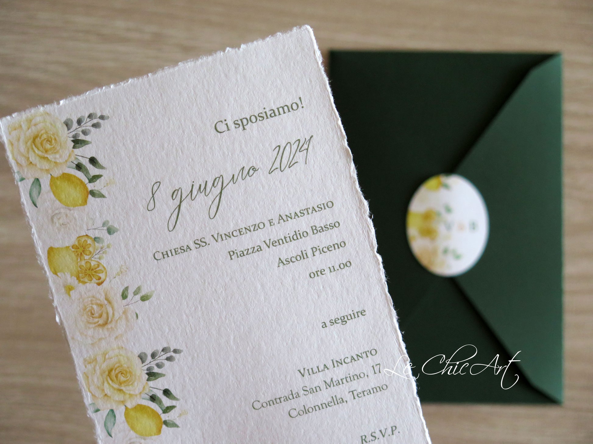 Partecipazione matrimonio botanica Limoni e Rose aperta - dettaglio strappo