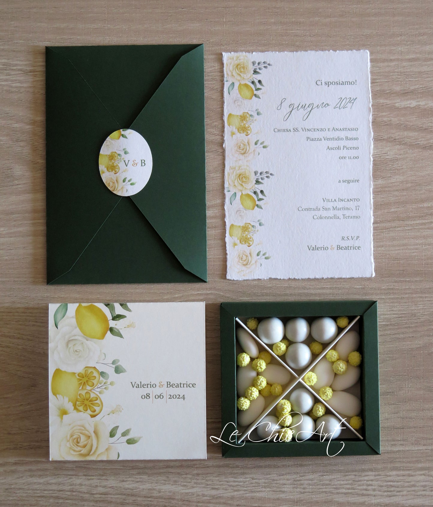 set Partecipazione matrimonio botanica Limoni e Rose aperta e scatola degustazione