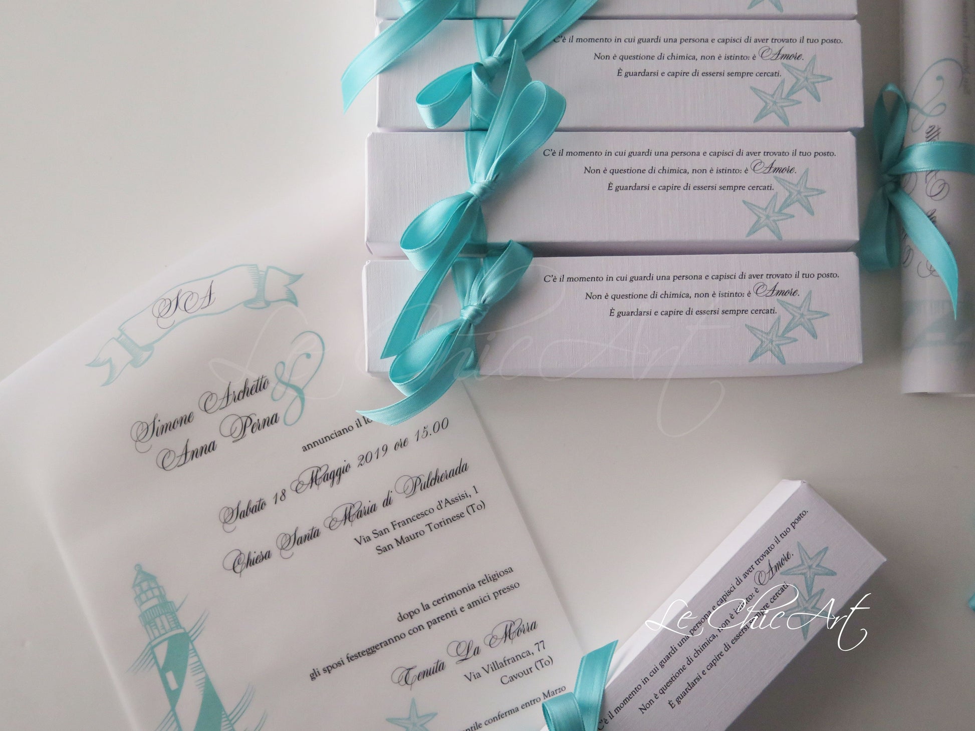 Partecipazione matrimonio pergamena tema mare faro stelle marine tiffany