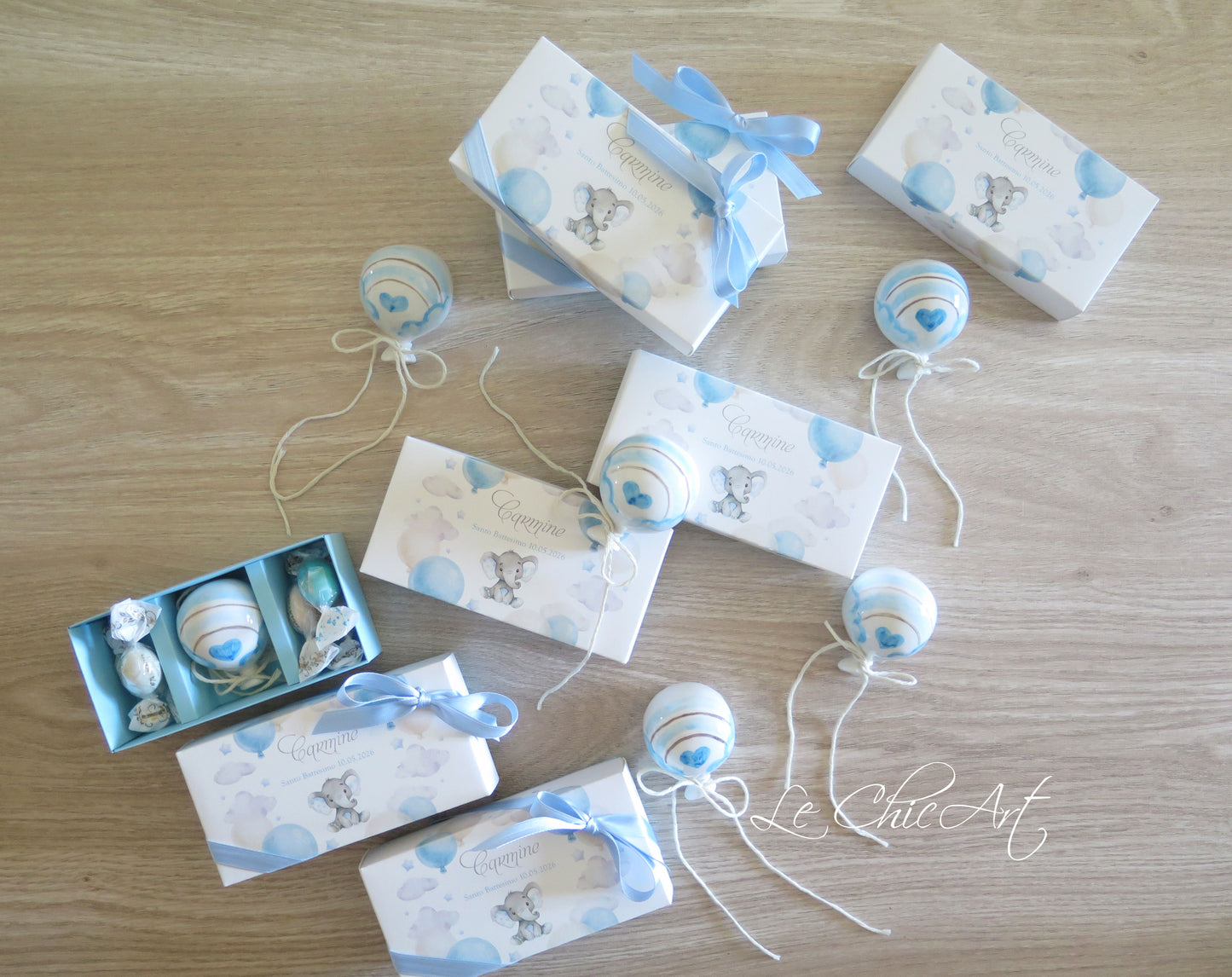 Rainbow christening balloon favor set with small curved teddy bear