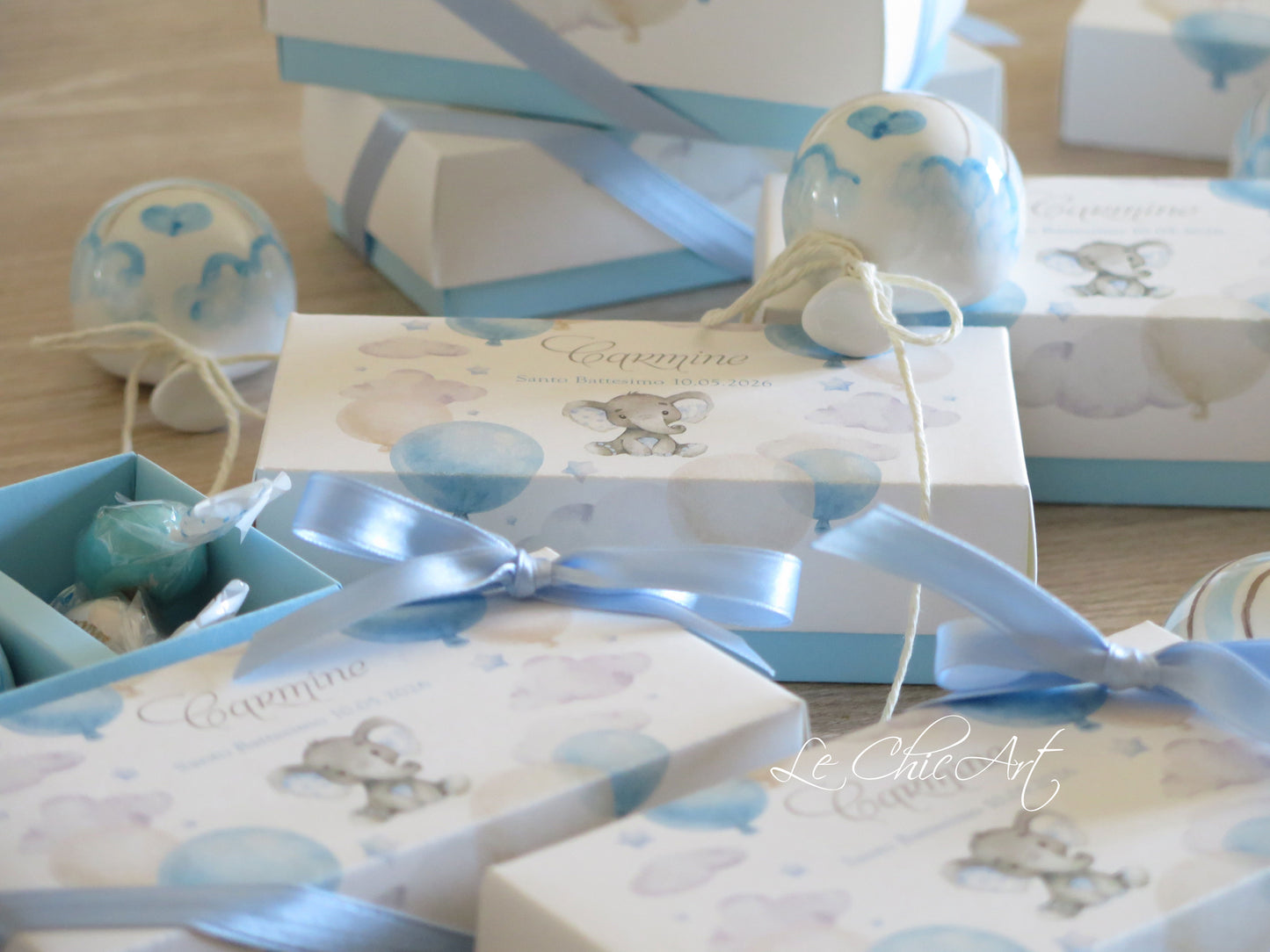 Rainbow christening balloon favor set with small curved teddy bear