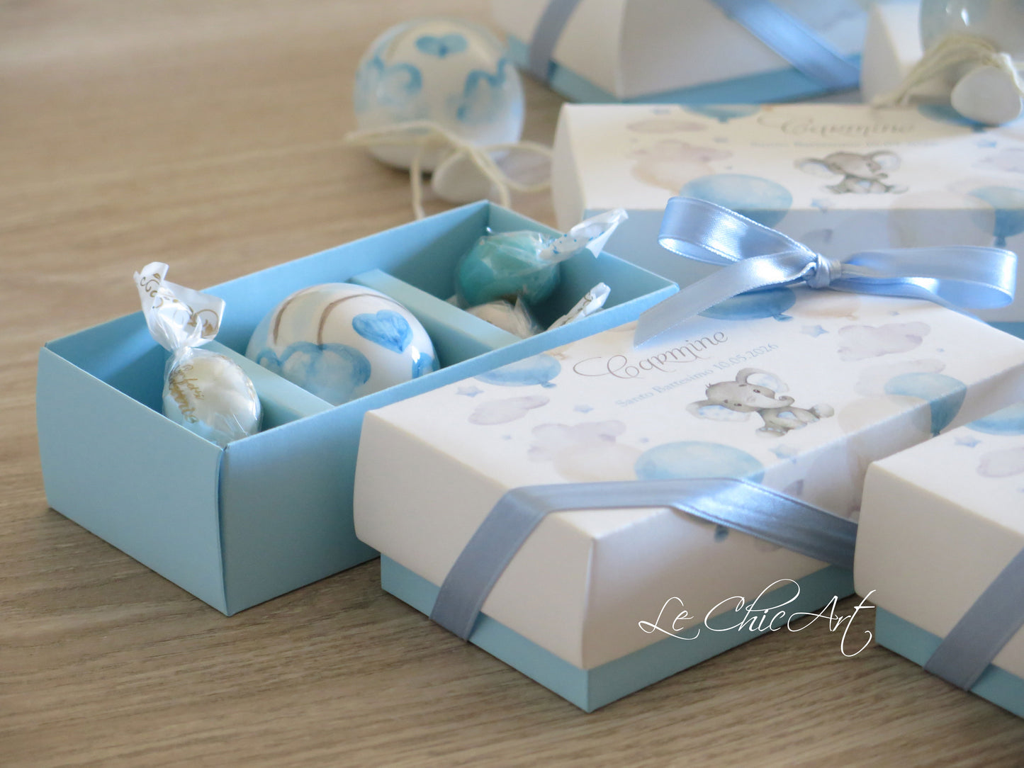 Rainbow christening balloon favor set with small curved teddy bear