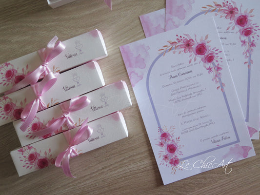 Set 10 Partecipazioni modello Pergamena Floreale Rosa Lilla Acquerello