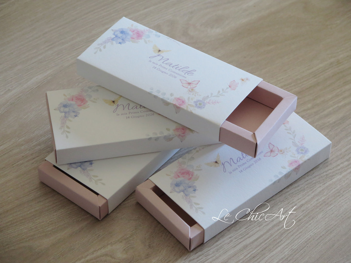 Set of 10 3-compartment confetti tasting boxes - roses or lilies - powder pink or sage green