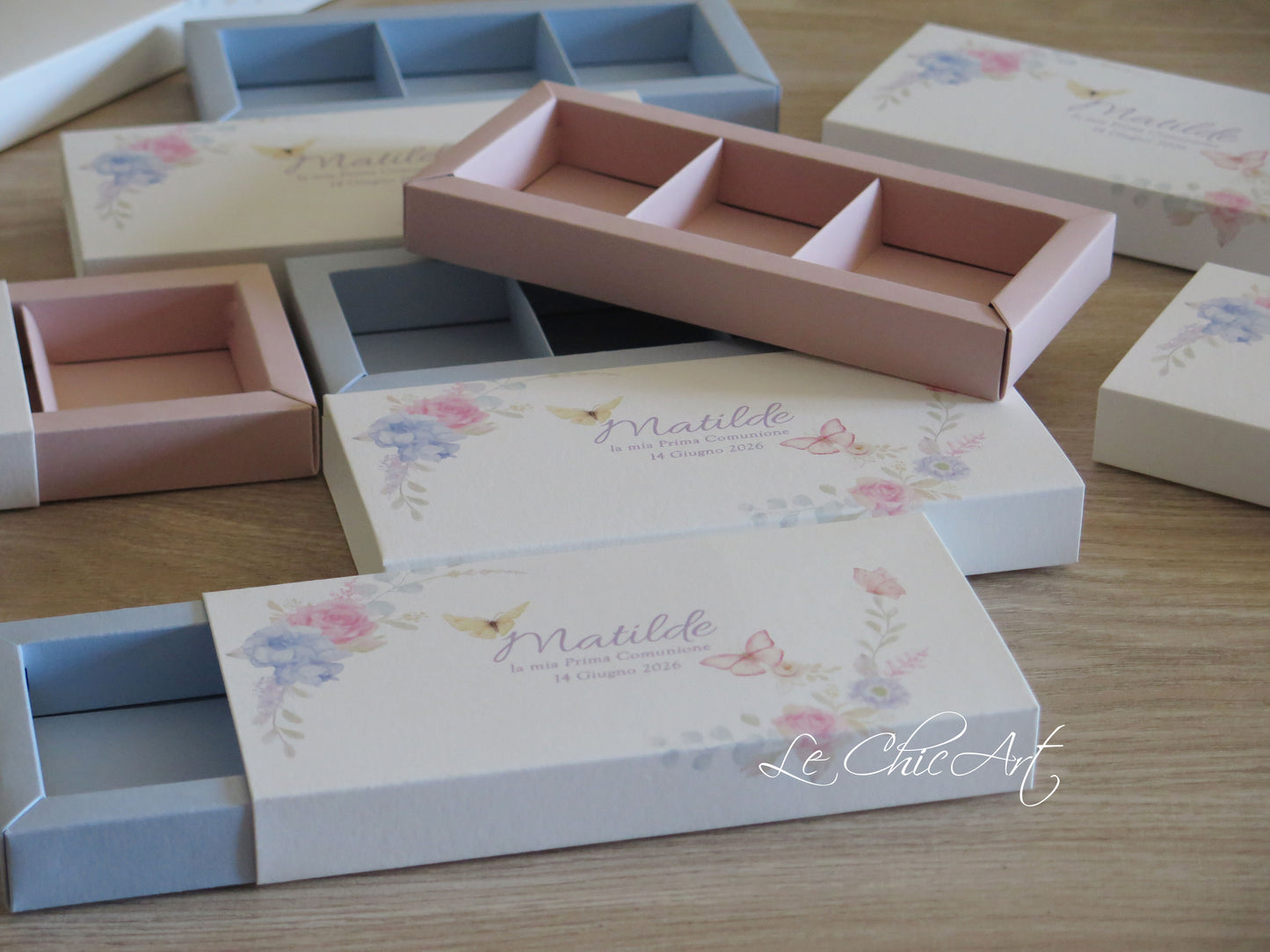 Set of 10 3-compartment confetti tasting boxes - roses or lilies - powder pink or sage green