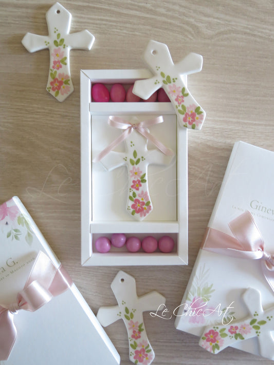Set of 10 Hand-painted Pink Flower Cross Favors with Maxtris Confetti