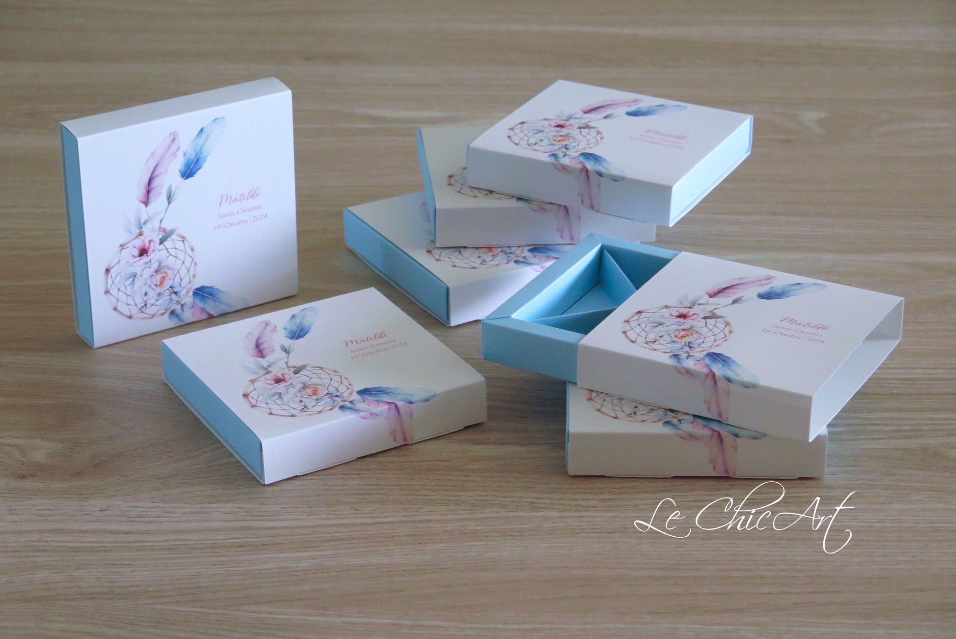 Set 10 scatole degustazione 4 scomparti azzurro acchiappasogni  rosa bimba cresima 11x11x2cm