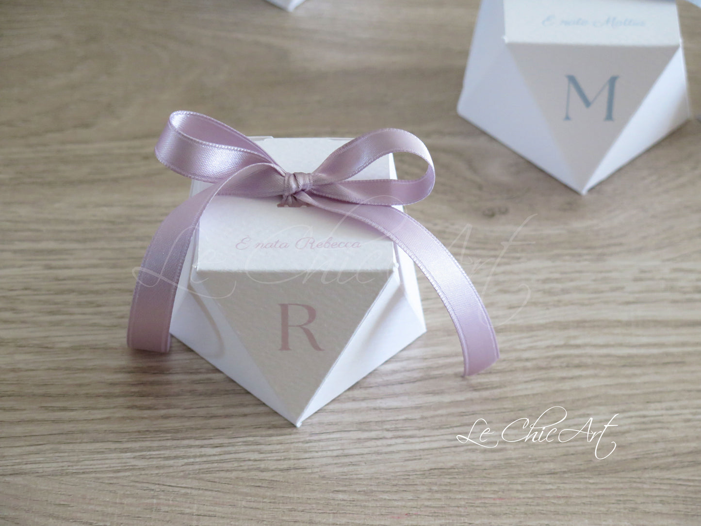 Set completo scatole diamante nascita battesimo 5 colori pastello rosa azzurro malva salvia avorio bomboniere eleganti 