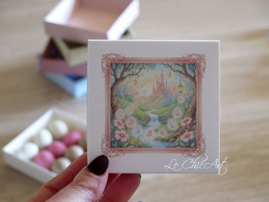 Set 20 scatoline porta confetti premium con illustrazioni acquerello fate e bosco incantato, dimensioni 8x8x2 cm per bomboniere battesimo e comunione