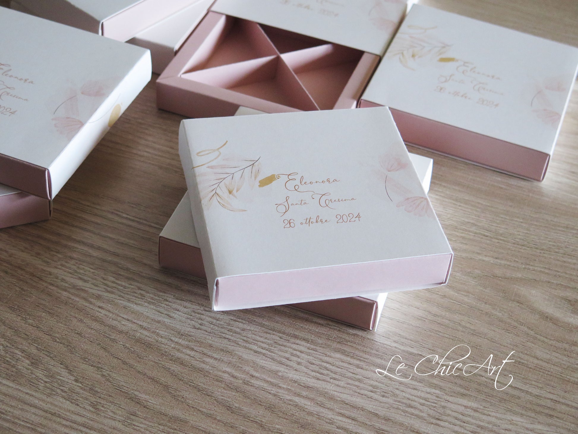 scatole quadrate degustazione 4 scomparti foglie boho rosa cipria cresima 11x11x2cm 