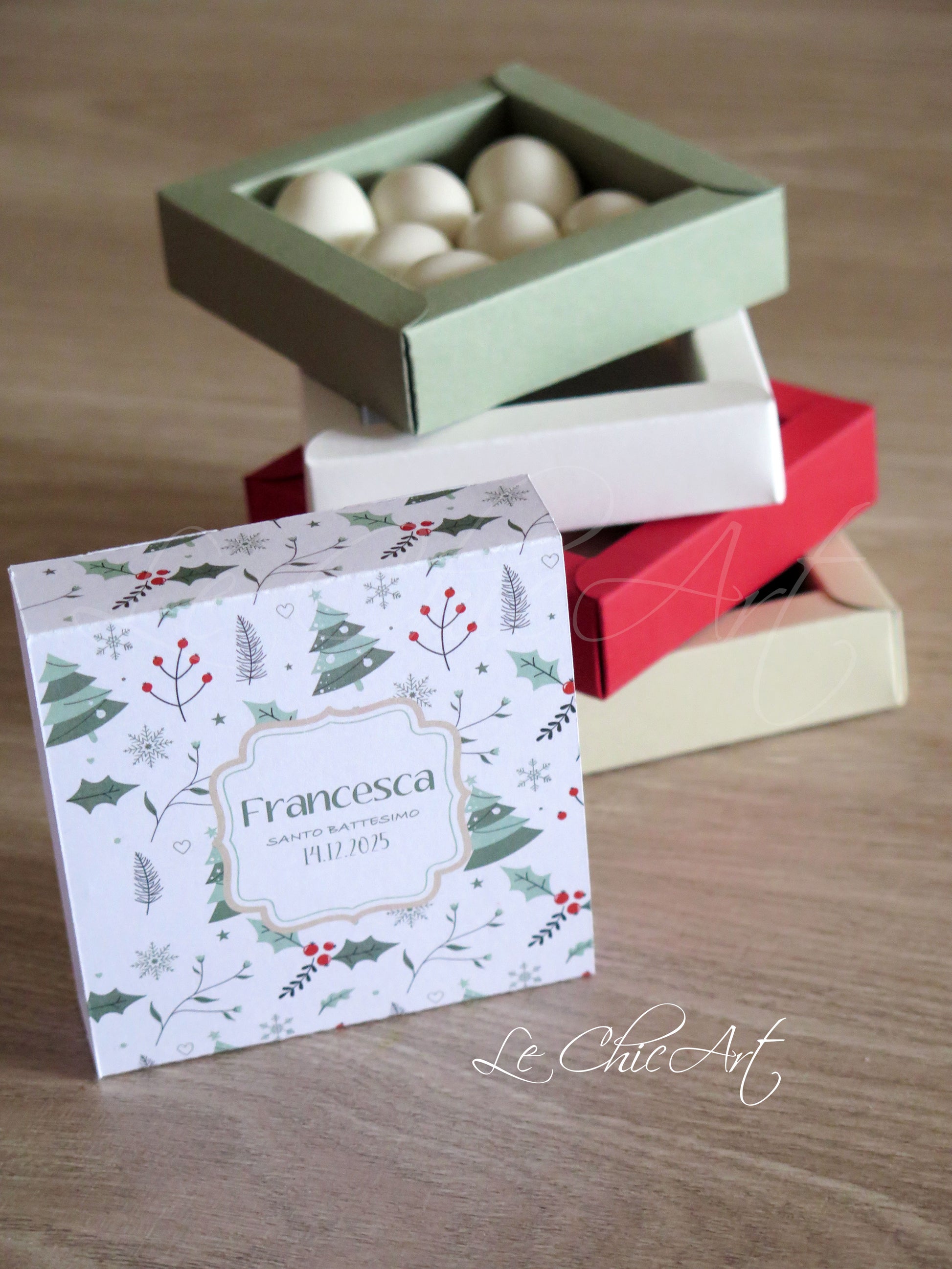 Set completo scatole portaconfetti pattern natalizio con due grafiche verde e grigio rosso - Bomboniere eleganti