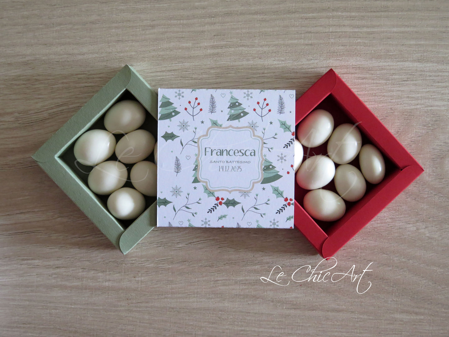 Bomboniere scatole a sfilo pattern natalizio grigio rosso personalizzate - Portaconfetti battesimo nascita