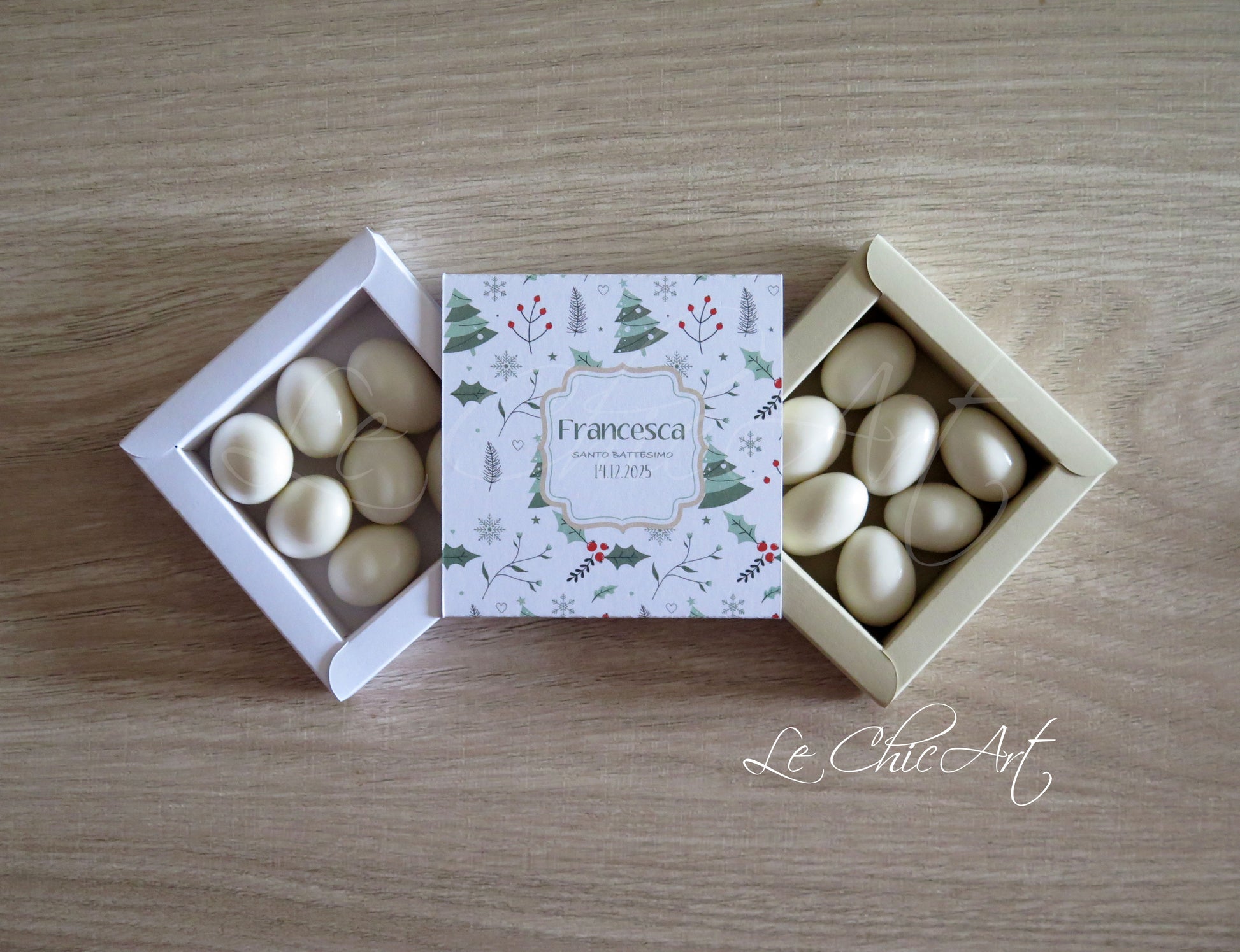 Scatola portaconfetti 8x8x2cm decorazione pattern natalizio verde bosco - Bomboniera artigianale Made in Italy