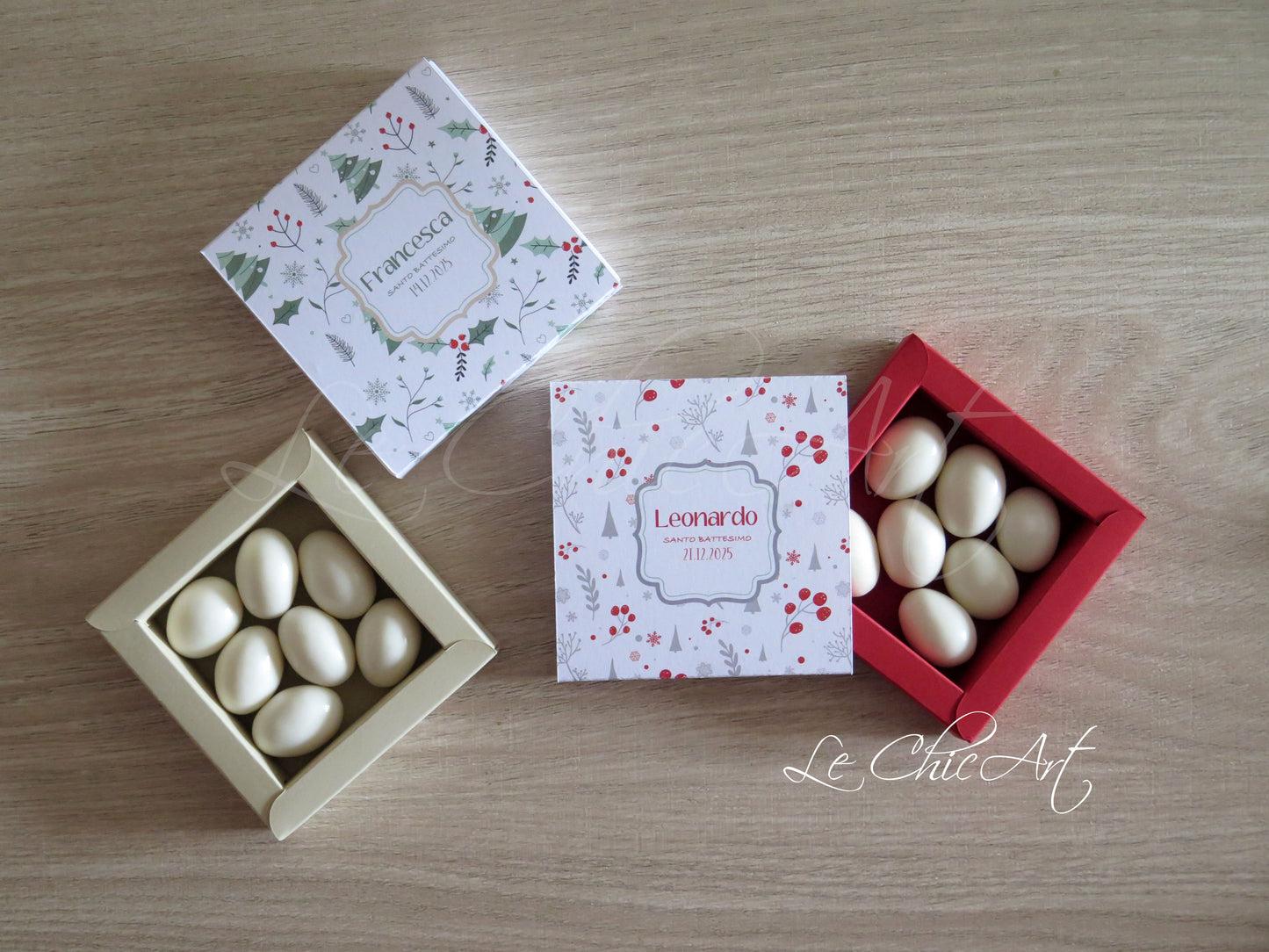 Set scatoline portaconfetti pattern natalizio grigio e rosso con nastro - Bomboniere battesimo tema natalizio