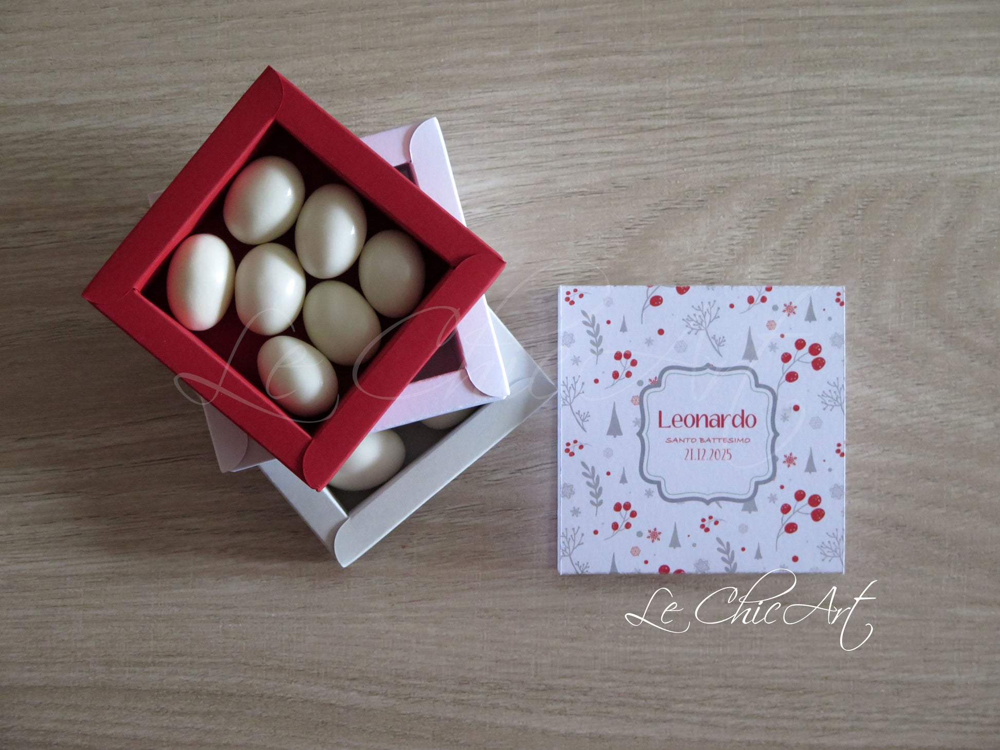 Dettaglio scatola portaconfetti a sfilo con grafica pattern natalizio verde - Bomboniera personalizzata tema Natale