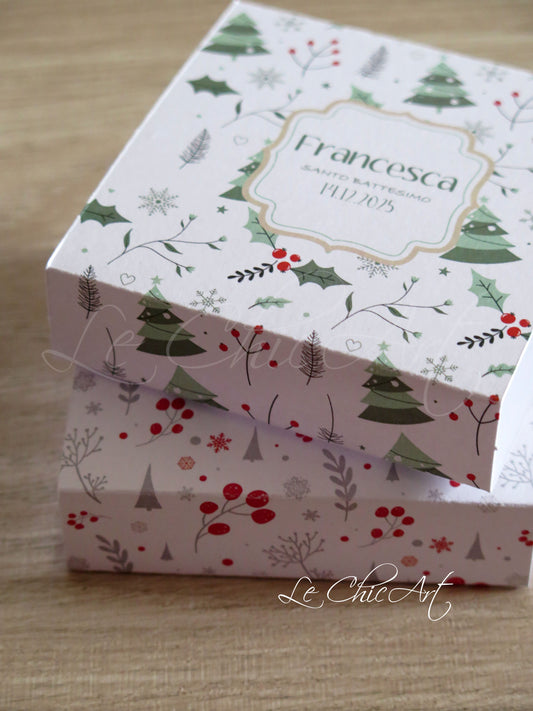 Scatole portaconfetti 8x8x2cm con pattern natalizio all-over verde e grigio rosso - Bomboniere battesimo nascita