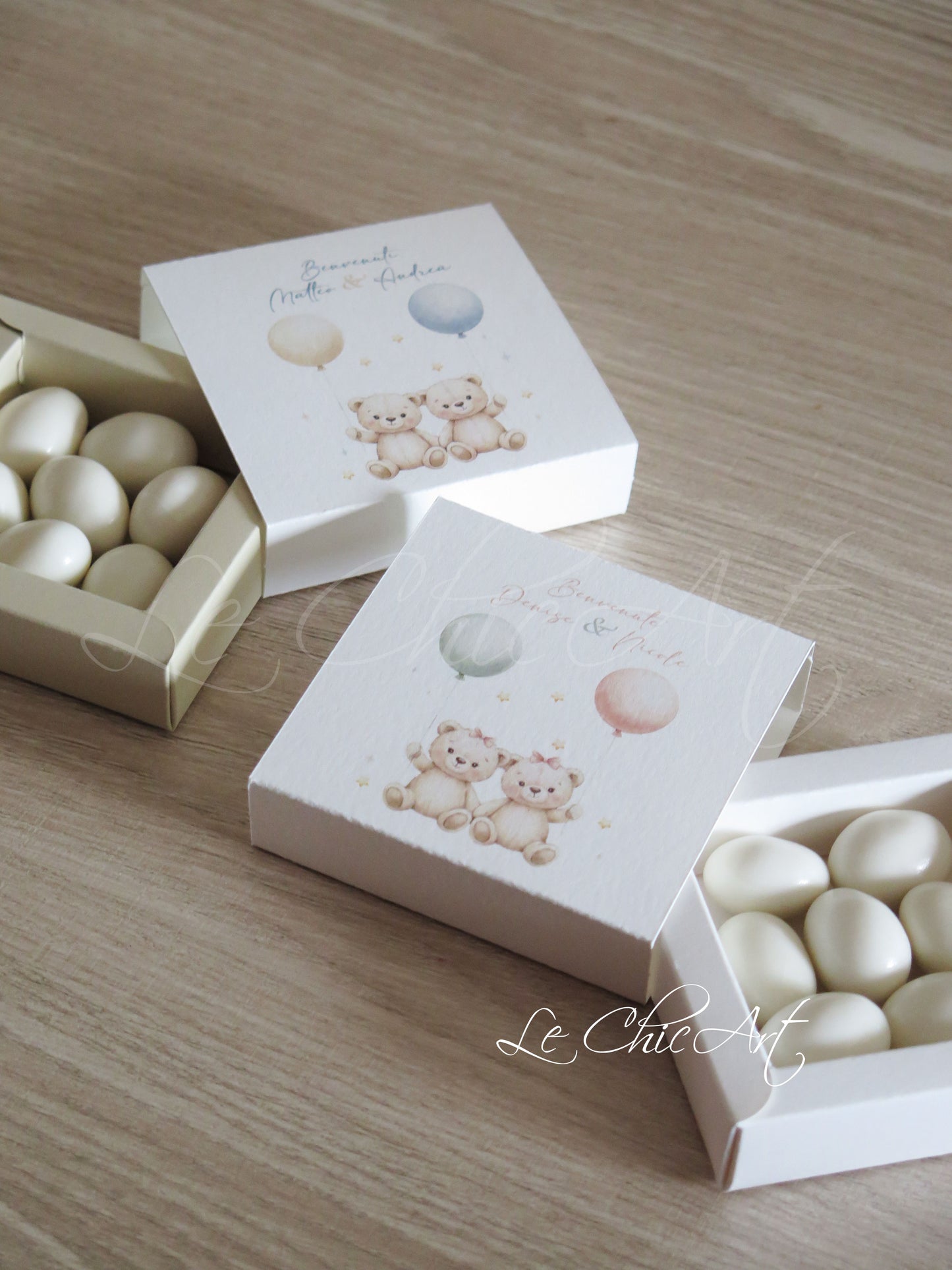 Bomboniere scatole portaconfetti orsetti gemelli maschi femmine con fiocchetto - Nascita gemelli elegante