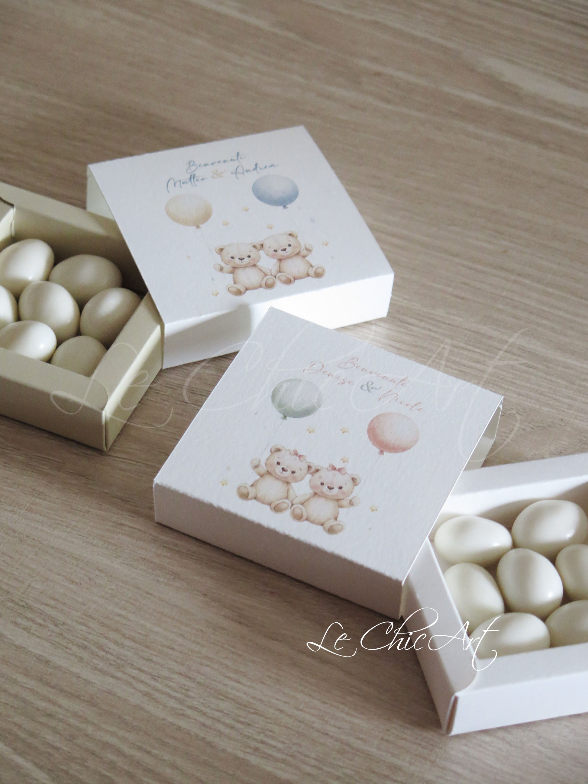 Bomboniere scatole portaconfetti orsetti gemelli maschi femmine con fiocchetto - Nascita gemelli elegante