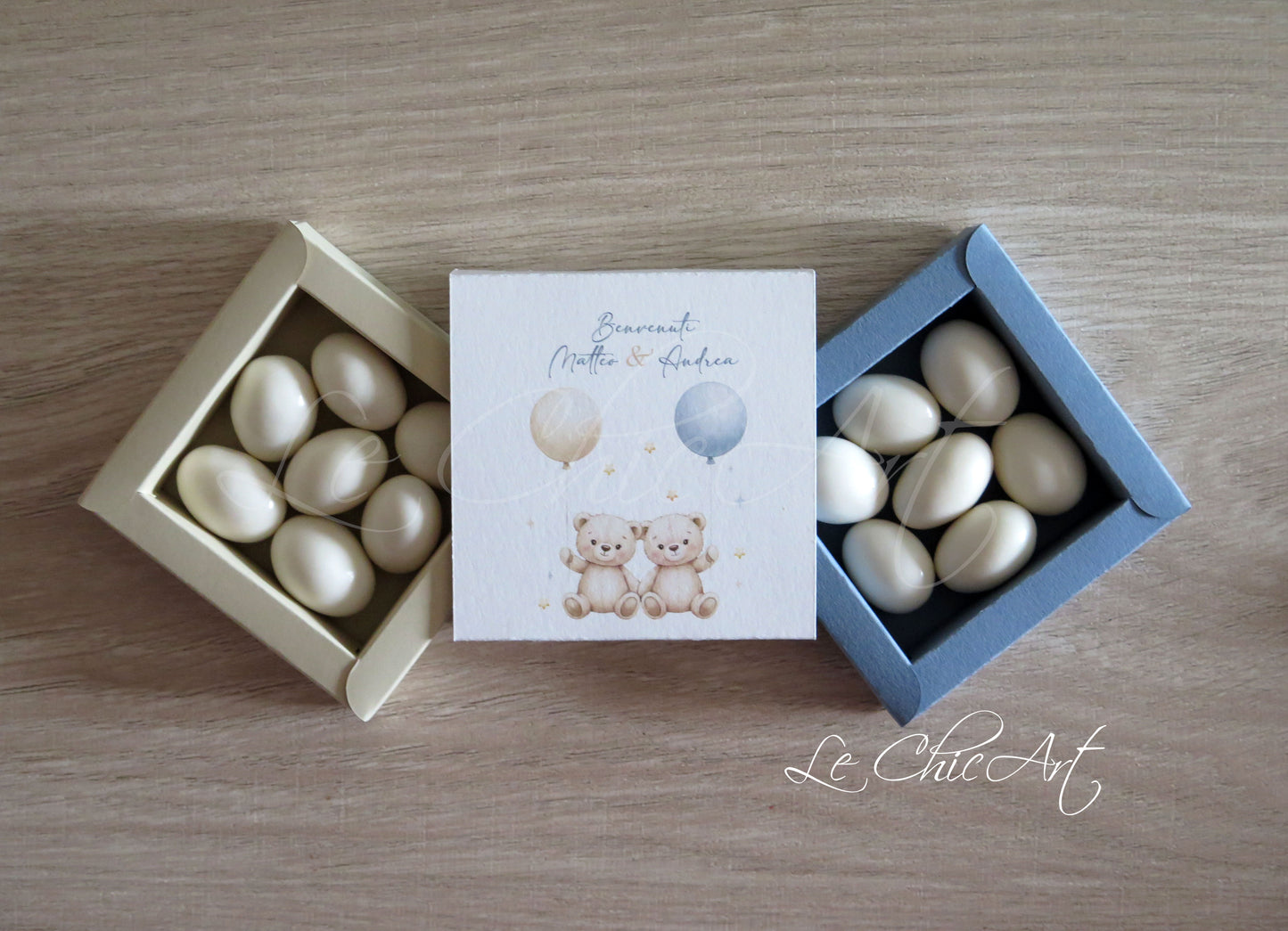 Set scatole a sfilo orsetti gemelli con nastro personalizzato - Bomboniere artigianali Made in Italy
