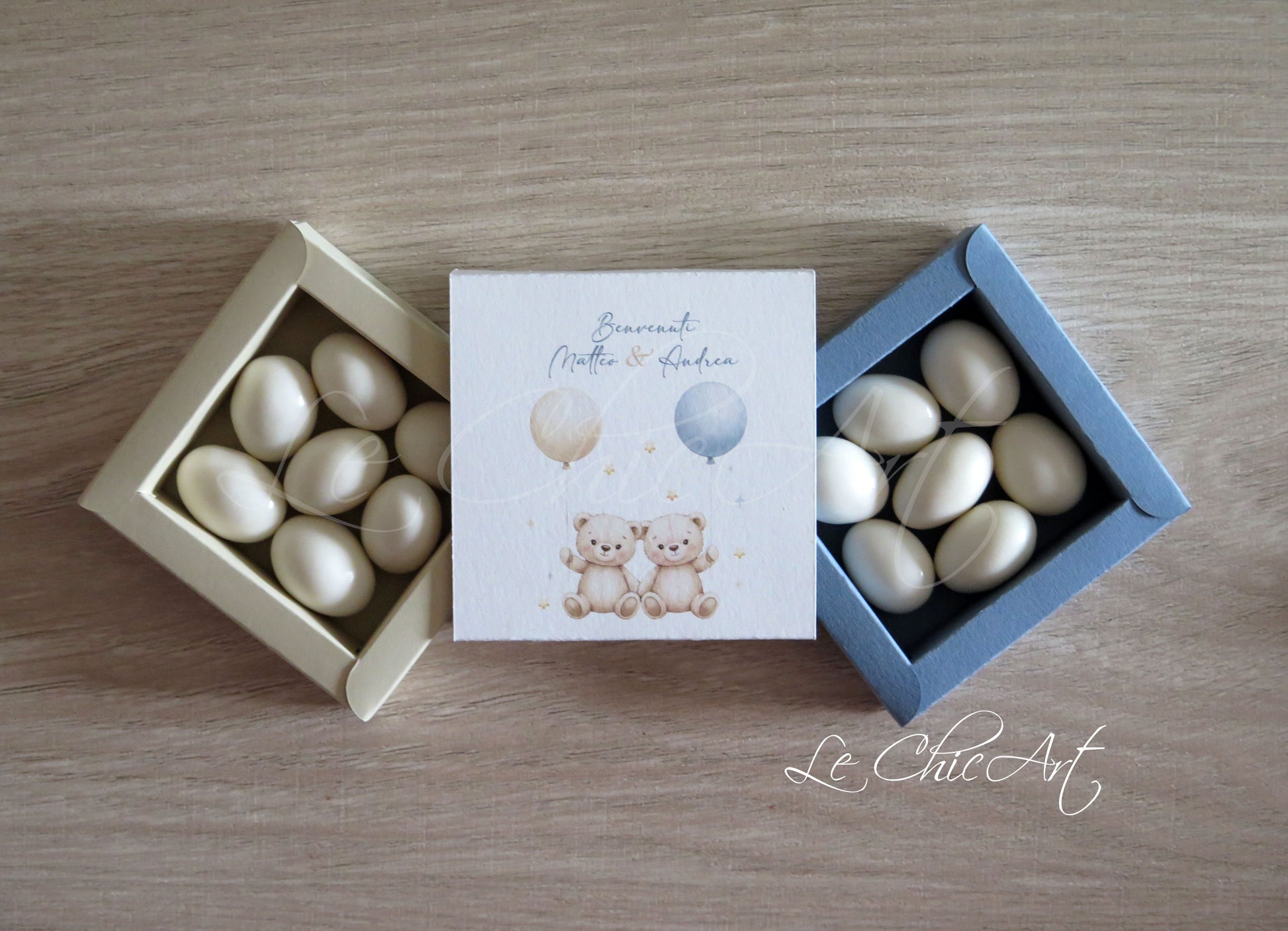 Set scatole a sfilo orsetti gemelli con nastro personalizzato - Bomboniere artigianali Made in Italy