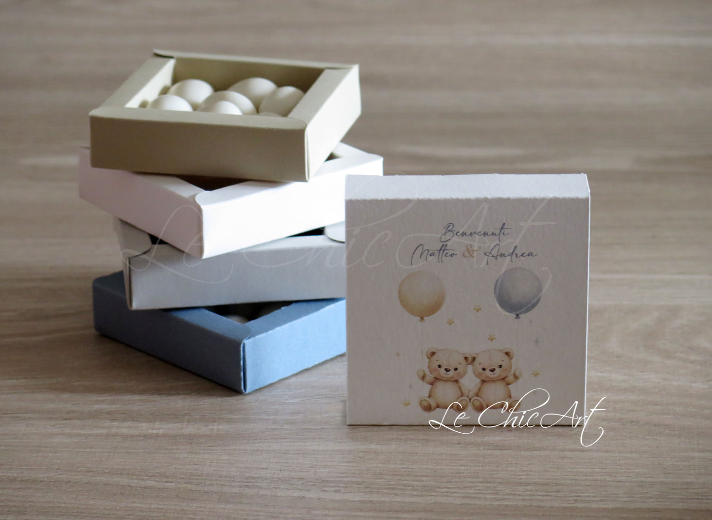Scatoline portaconfetti orsetti gemelle femmine con fiocchetto in testa - Bomboniere nascita gemelle