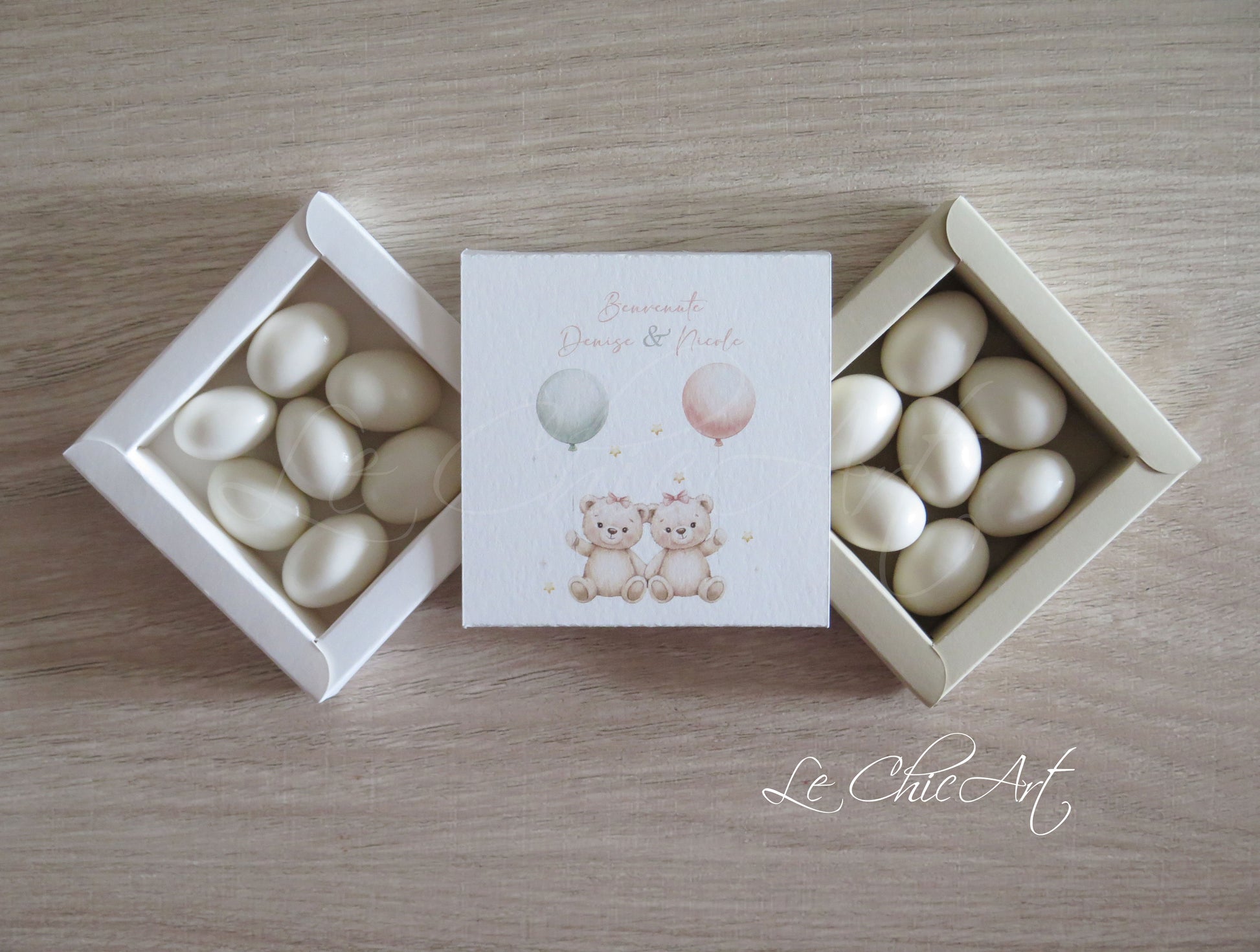Scatole portaconfetti 8x8x2cm orsetti gemelli maschi e femmine - Bomboniere nascita gemelli personalizzate