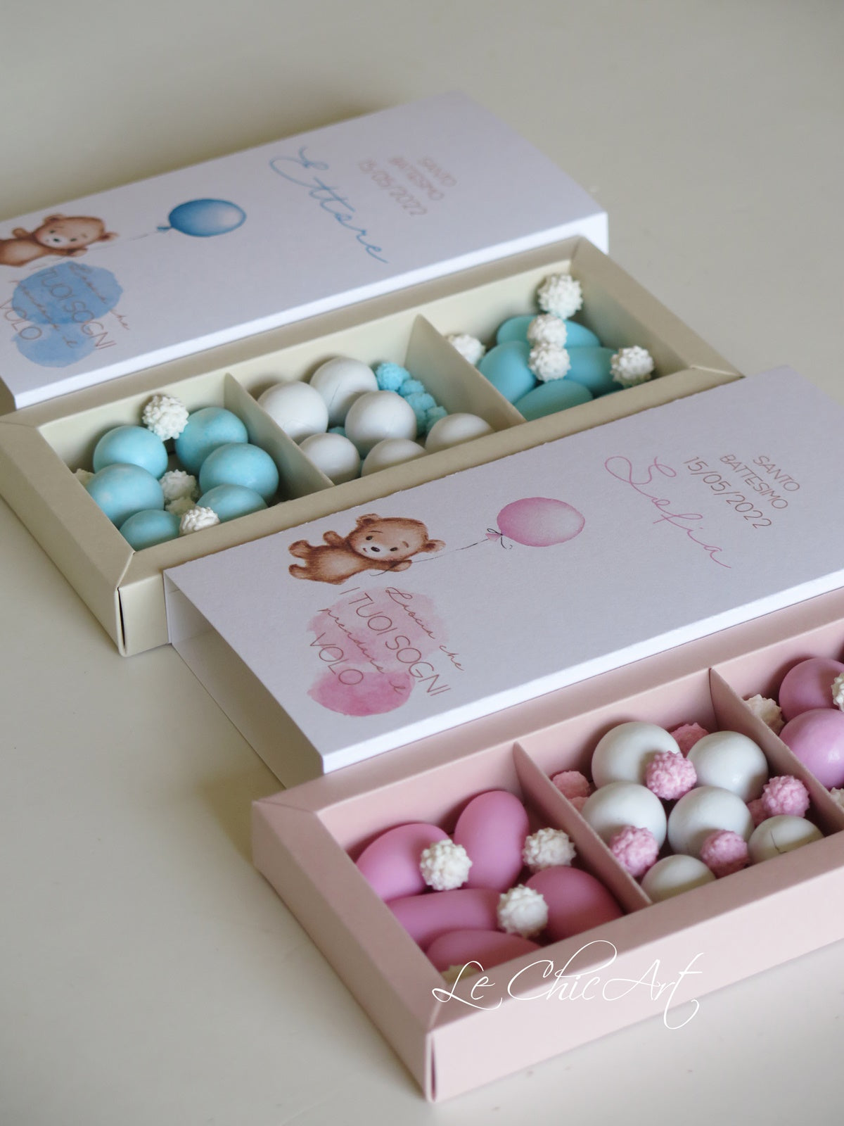 Set 10 scatole degustazione orsetto 3 scomparti rosa azzurro fascia sfilo