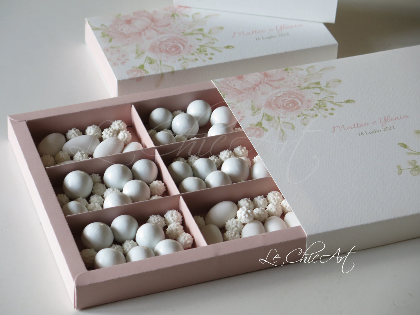 Set 10 scatole degustazione 6 scomparti rosa cipria con fascia estraibile per confetti