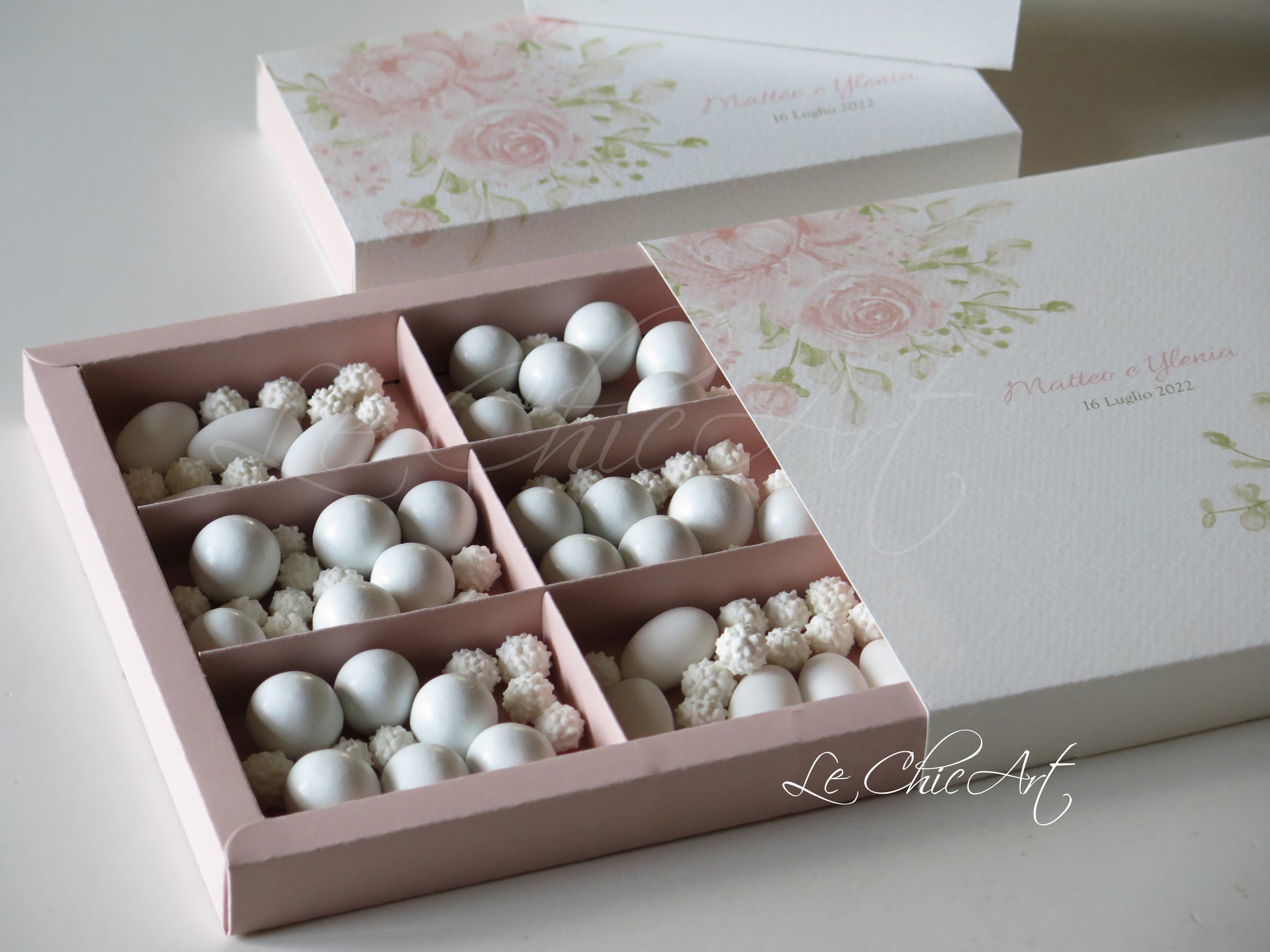 Set 10 scatole degustazione 6 scomparti rosa cipria con fascia estraibile per confetti