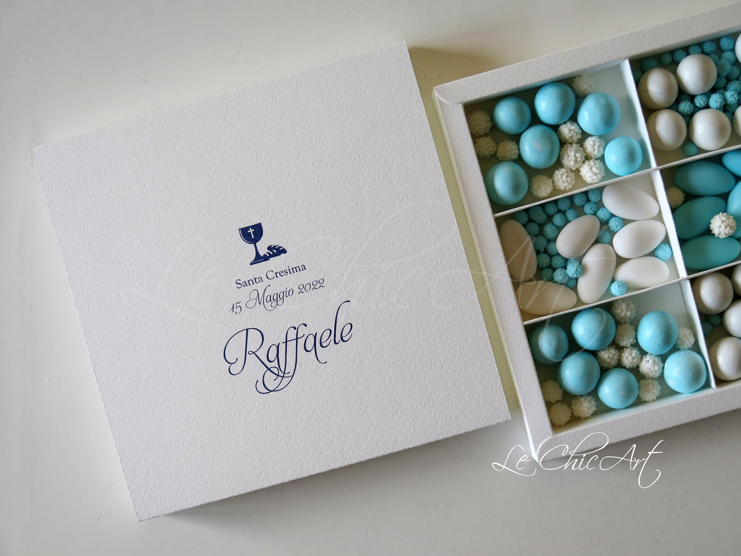 Set 10 scatole degustazione 6 scomparti sfilo calice blu cresima