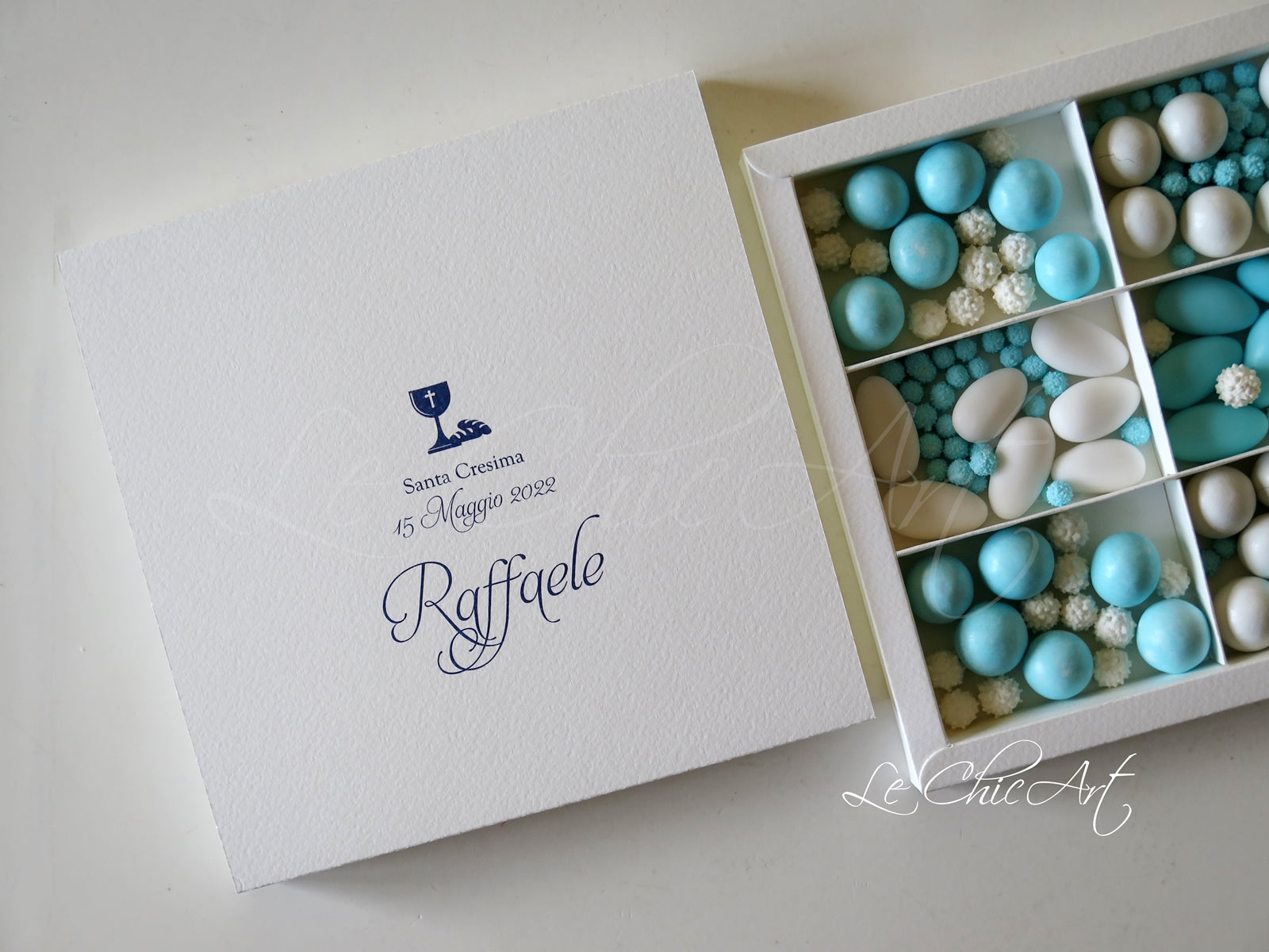Set 10 scatole degustazione 6 scomparti sfilo calice blu cresima