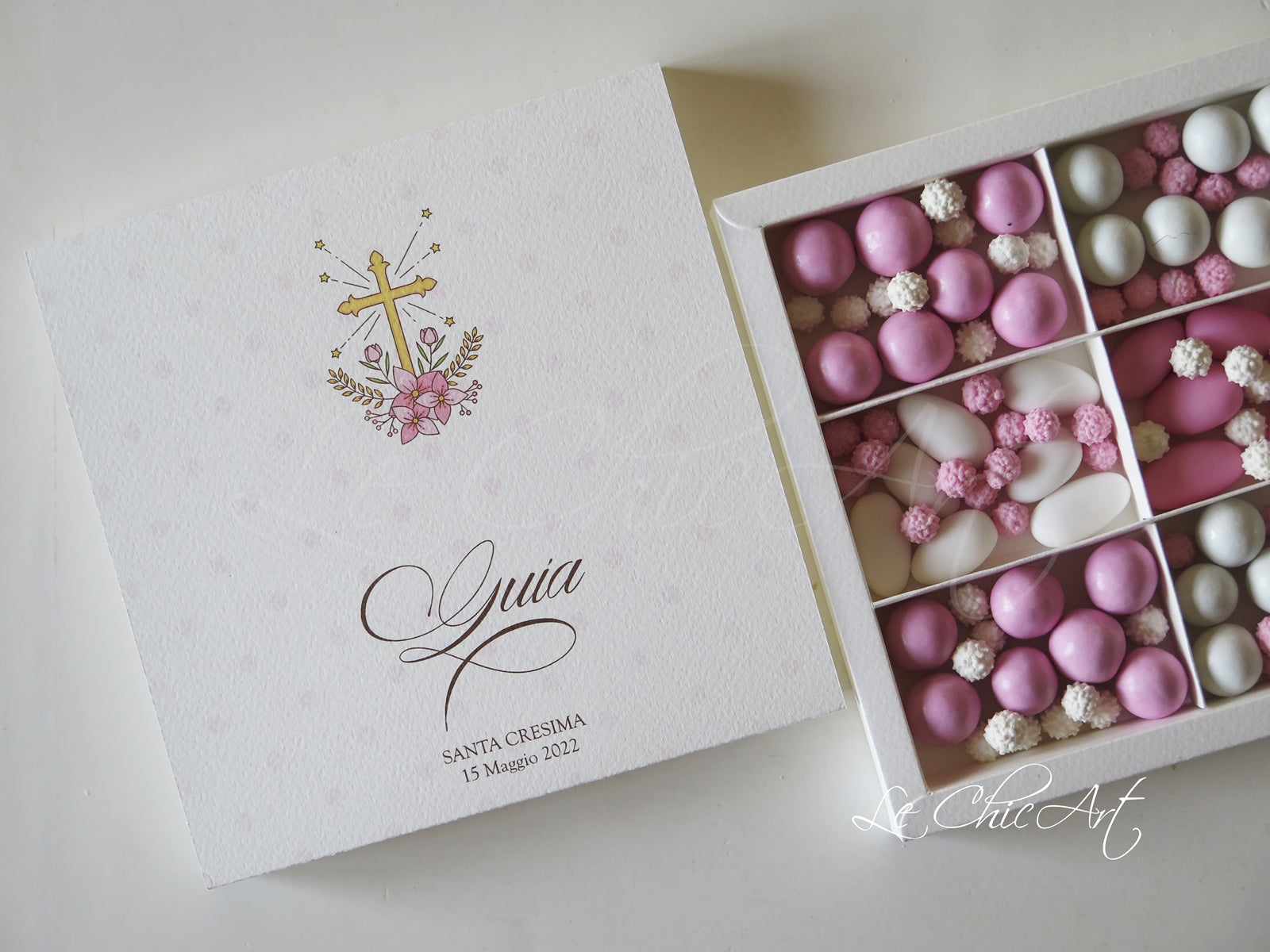 Set 10 scatole degustazione 6 scomparti sfilo croce sacra e fiori rosa per cresima