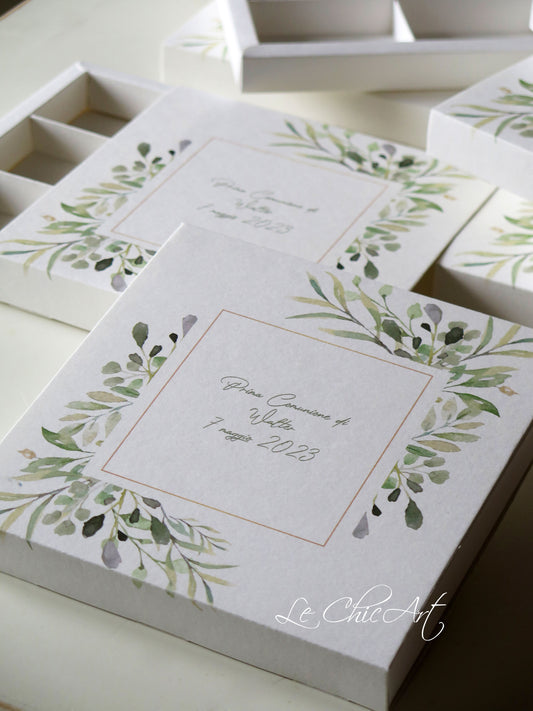 Set 10 scatole degustazione 6 scomparti 17x17x2cm cornice floreale verde comunione